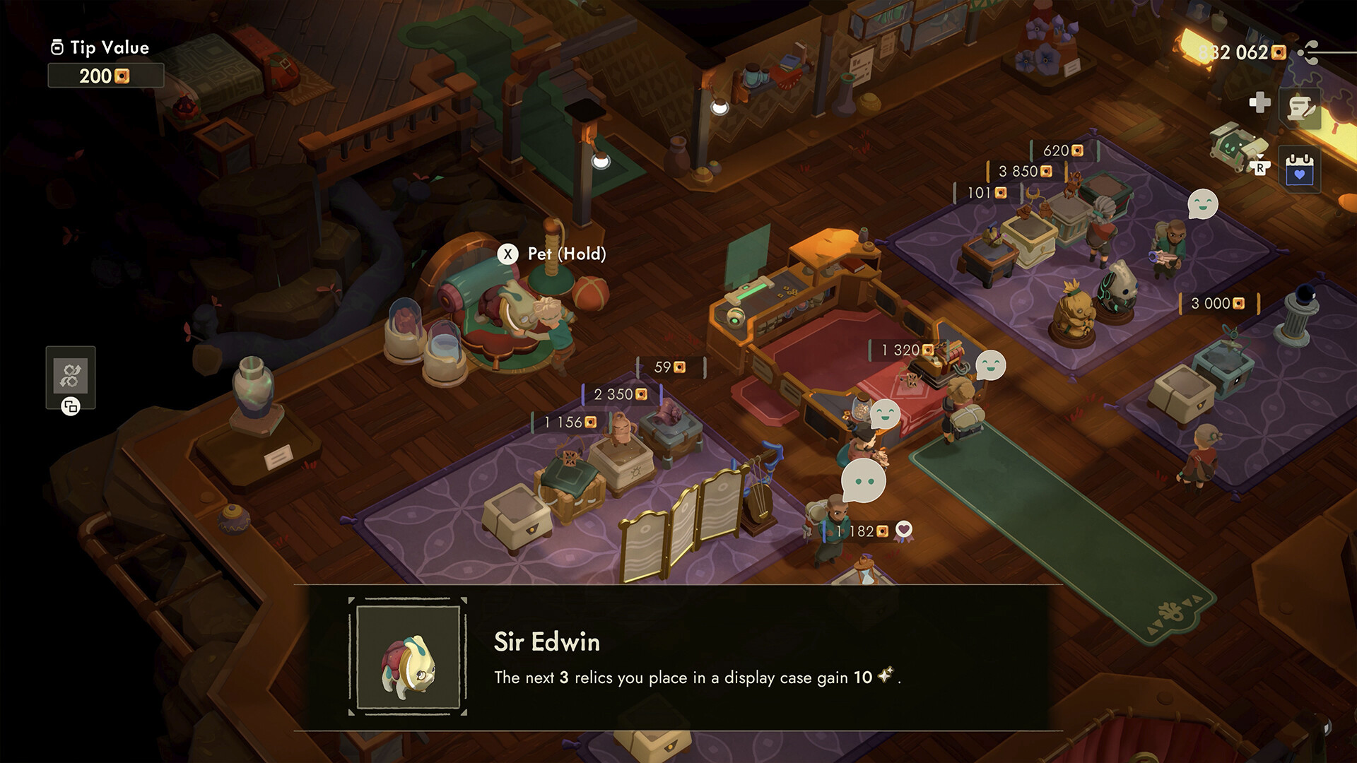 The Moonlighter shop floor with customers, price tags, and Will petting a bloblet