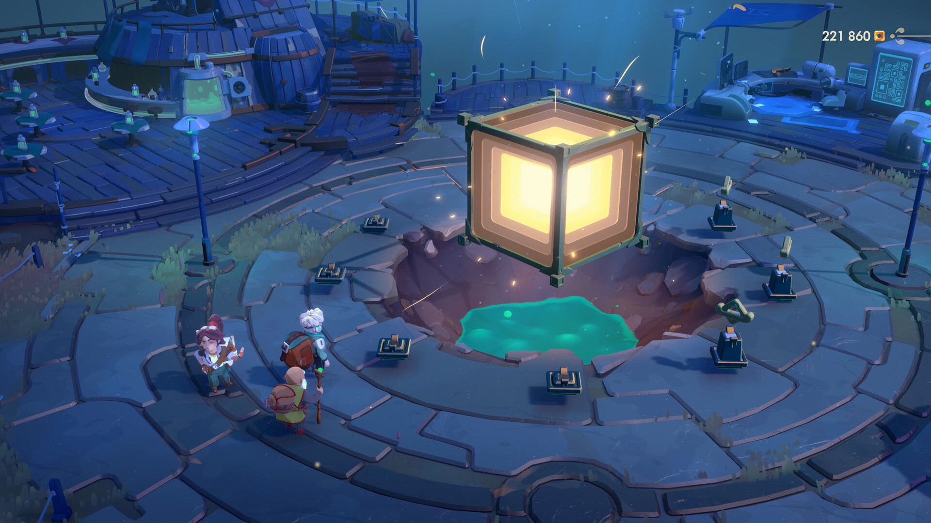 Tresna plaza with a glowing gold Vault cube over a teal pool