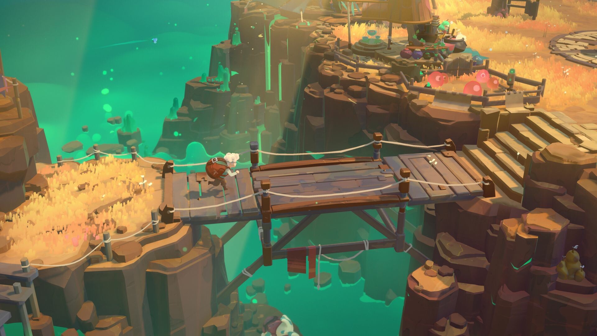 Red bloblets in a wooden pen beside a canyon stall and teal abyss