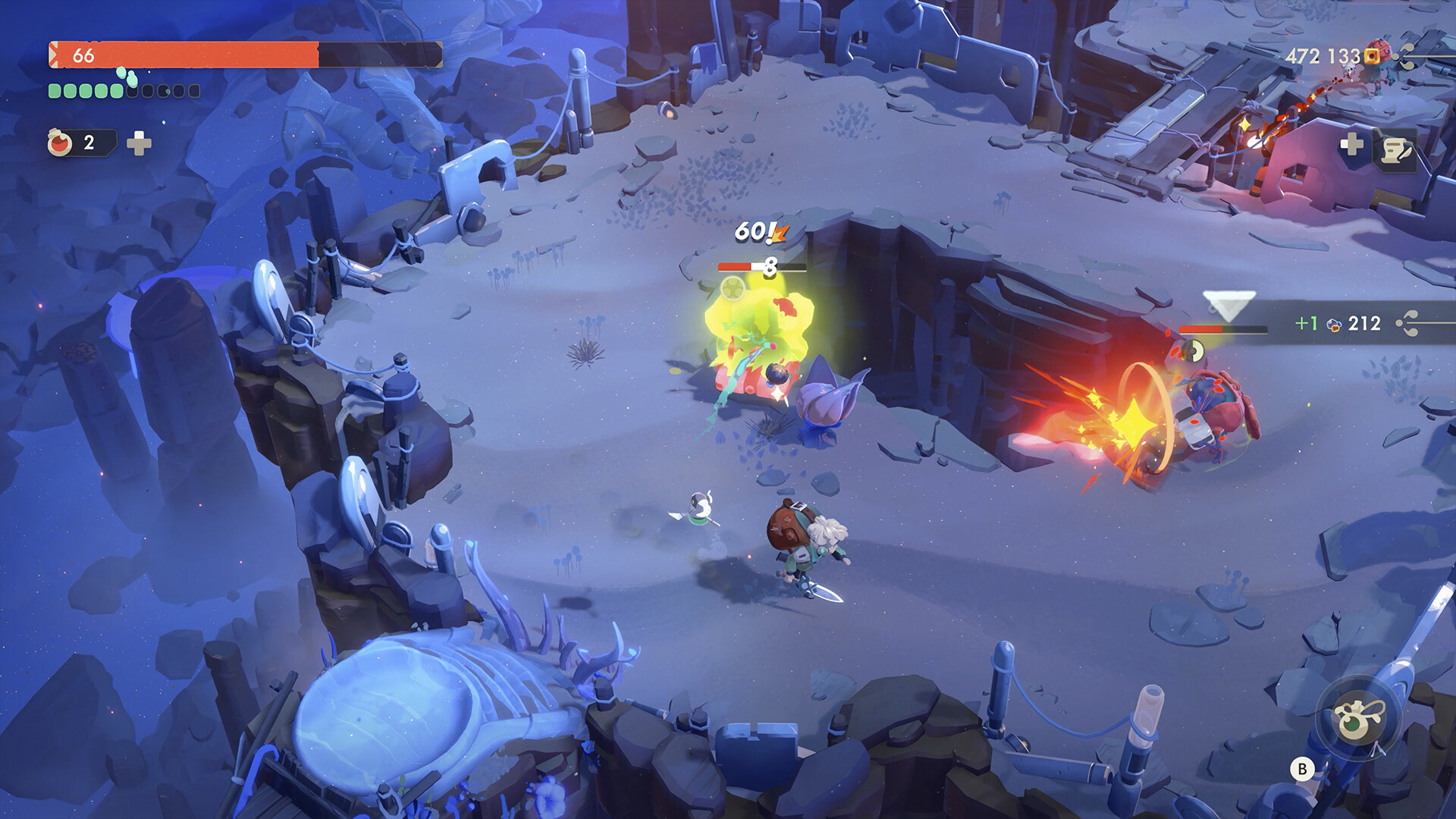 Will fighting glowing blob enemies in a teal canyon with gold HUD 472133