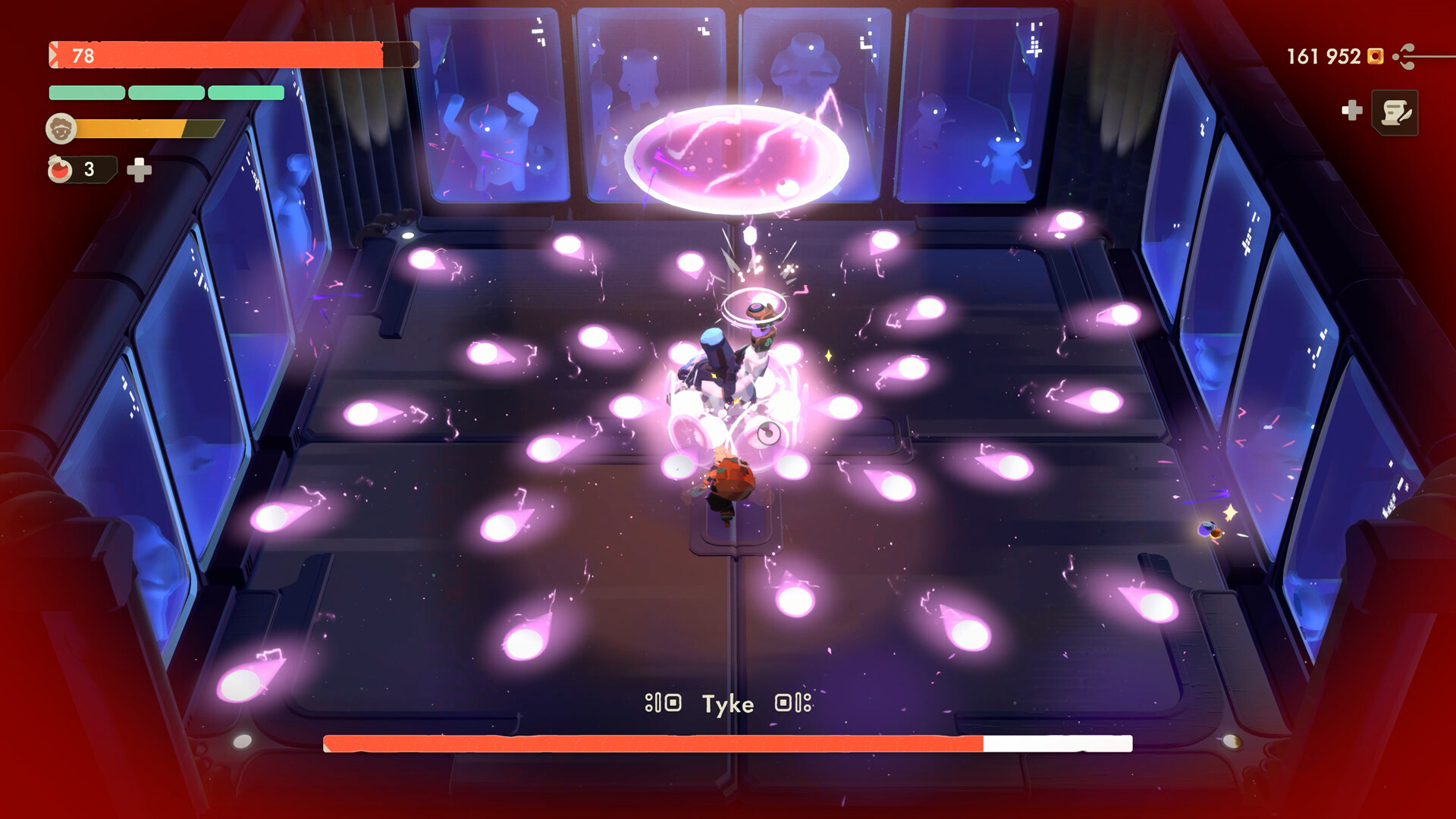 Vault boss fight against Tyke with pink projectiles and a teal-glow arena